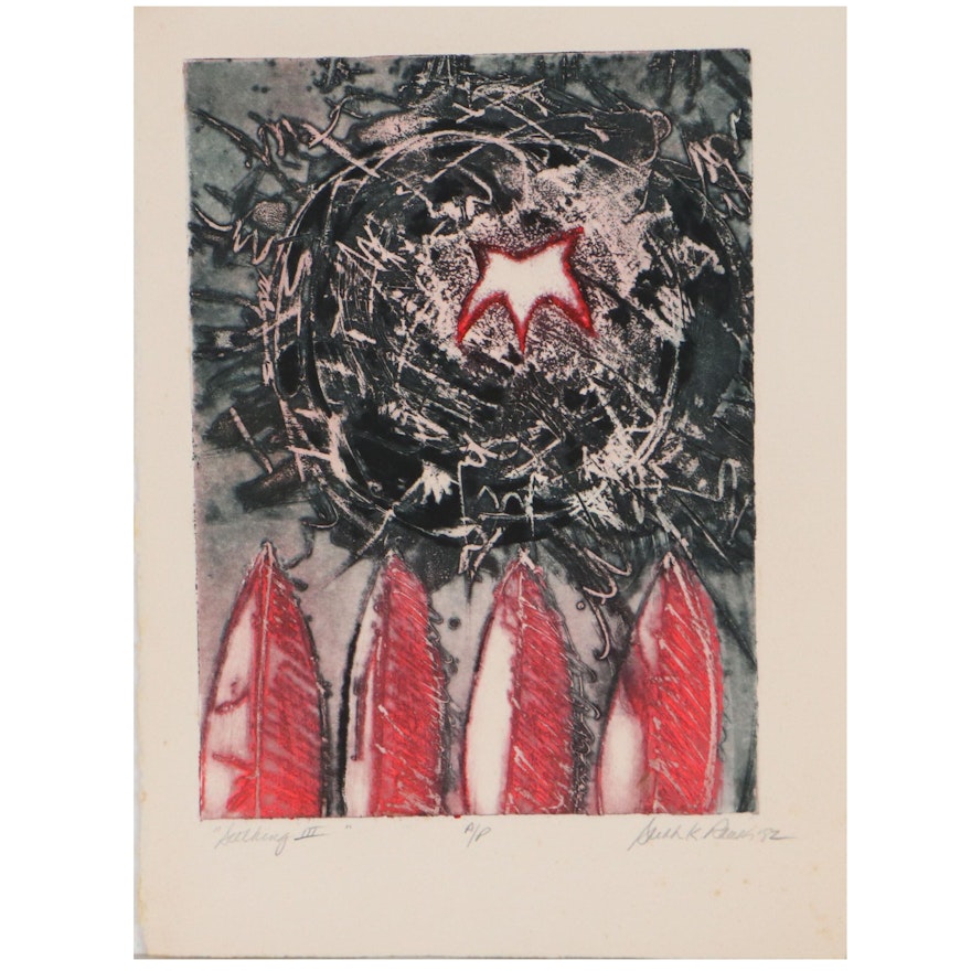 Sarah Roush Abstract Etching "Seething III," 1982