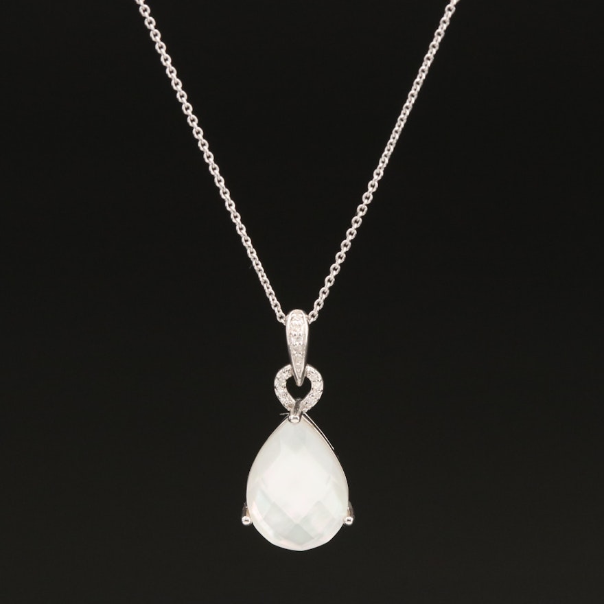 Sterling Quartz and Mother-of-Pearl Doublet and Diamond Pendant Necklace