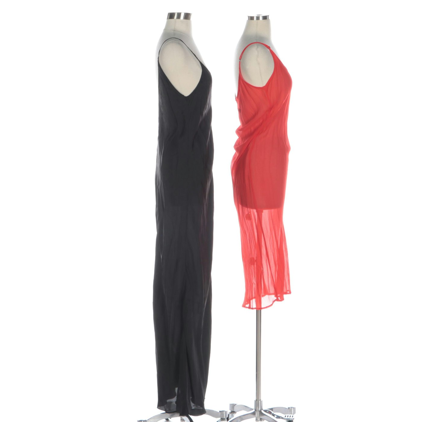 Enza Costa Red Sheer and Other Black Satin Finish Slip Dresses | EBTH