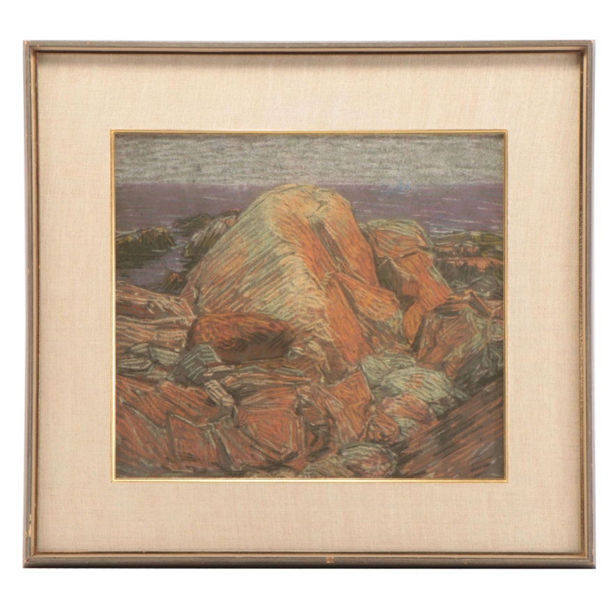 Charles Kaelin Landscape Pastel Drawing of Rocky Coast, Early 20th Century