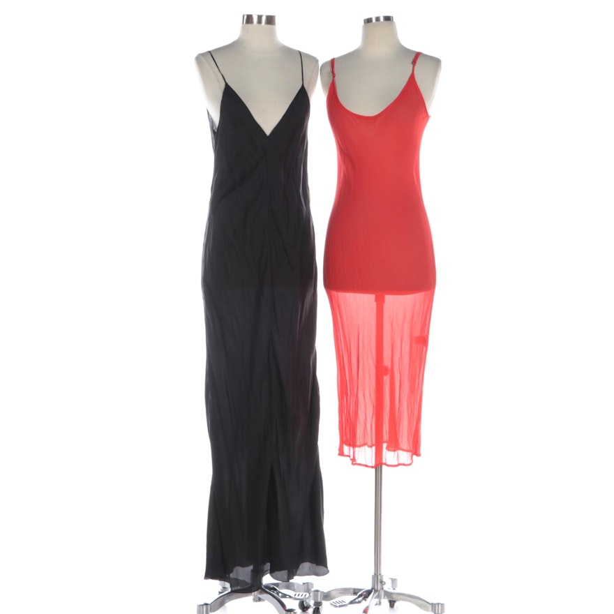 Enza Costa Red Sheer and Other Black Satin Finish Slip Dresses