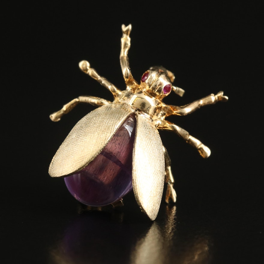 Vintage 14K Amethyst and Ruby Insect Pin