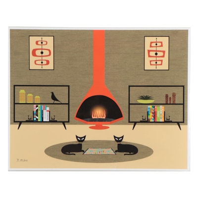 Donna Mibus Giclée "Mid Century Modern Cats With Orange Fireplace"