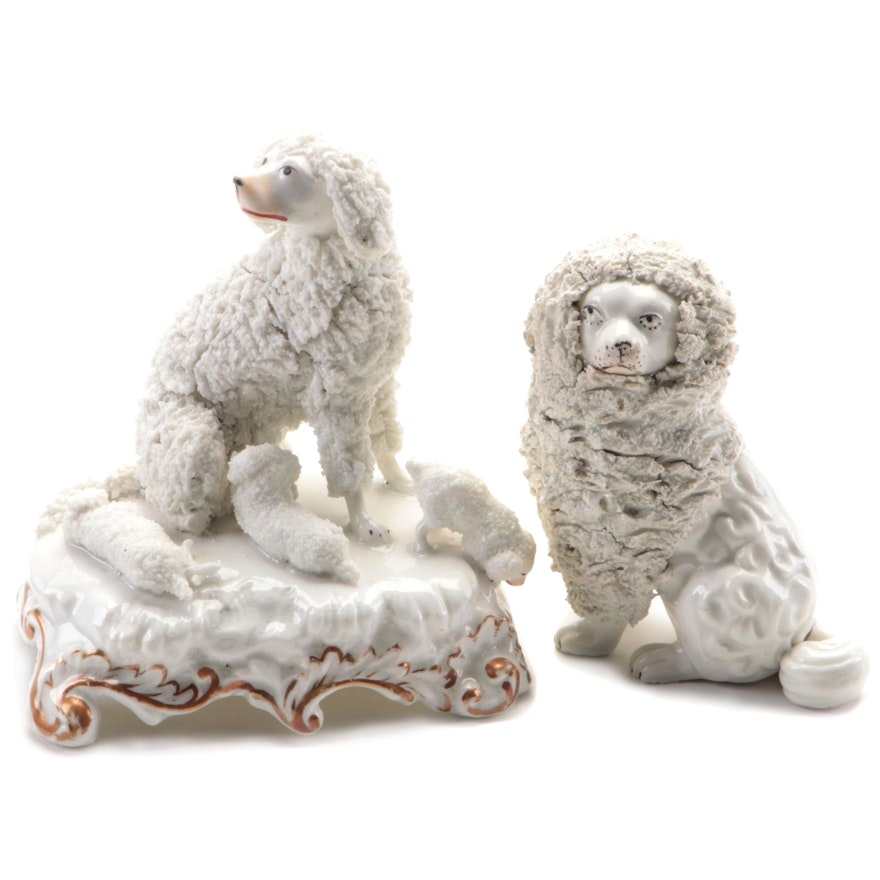 Staffordshire Seated Confetti Poodle Figurines, Mid to Late 19th Century