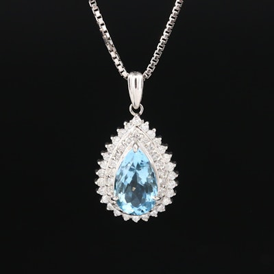 Platinum Aquamarine and Diamond Double Halo Pendant Necklace