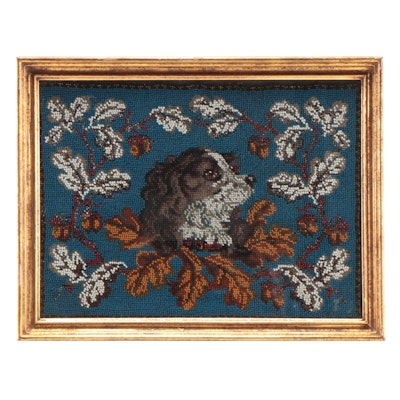 Victorian Beadwork Embroidery Picture of a Spaniel in Newcomb-Macklin Frame