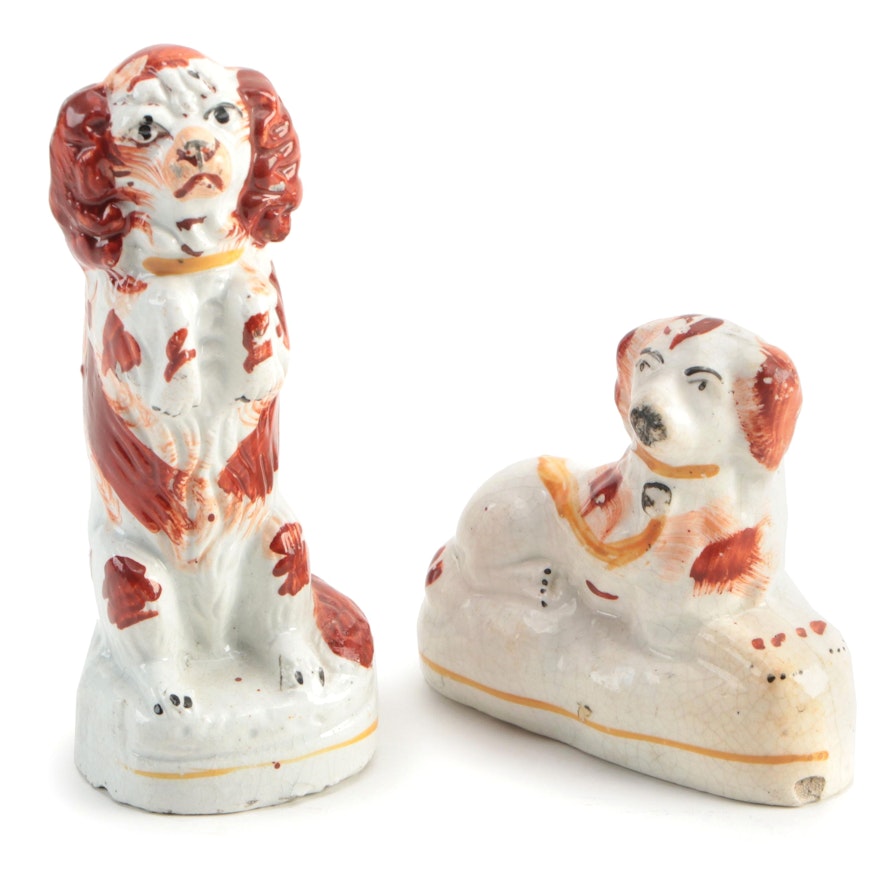 Staffordshire Rust Colored Begging and Reclining Spaniel Figurines