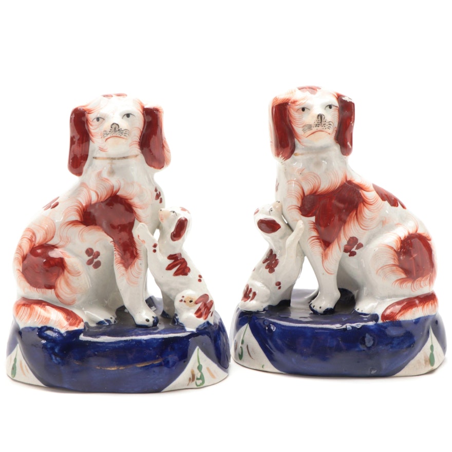 Pair of Staffordshire Rust Spaniel with Pup Earthenware Figurines, Mid-19th C.