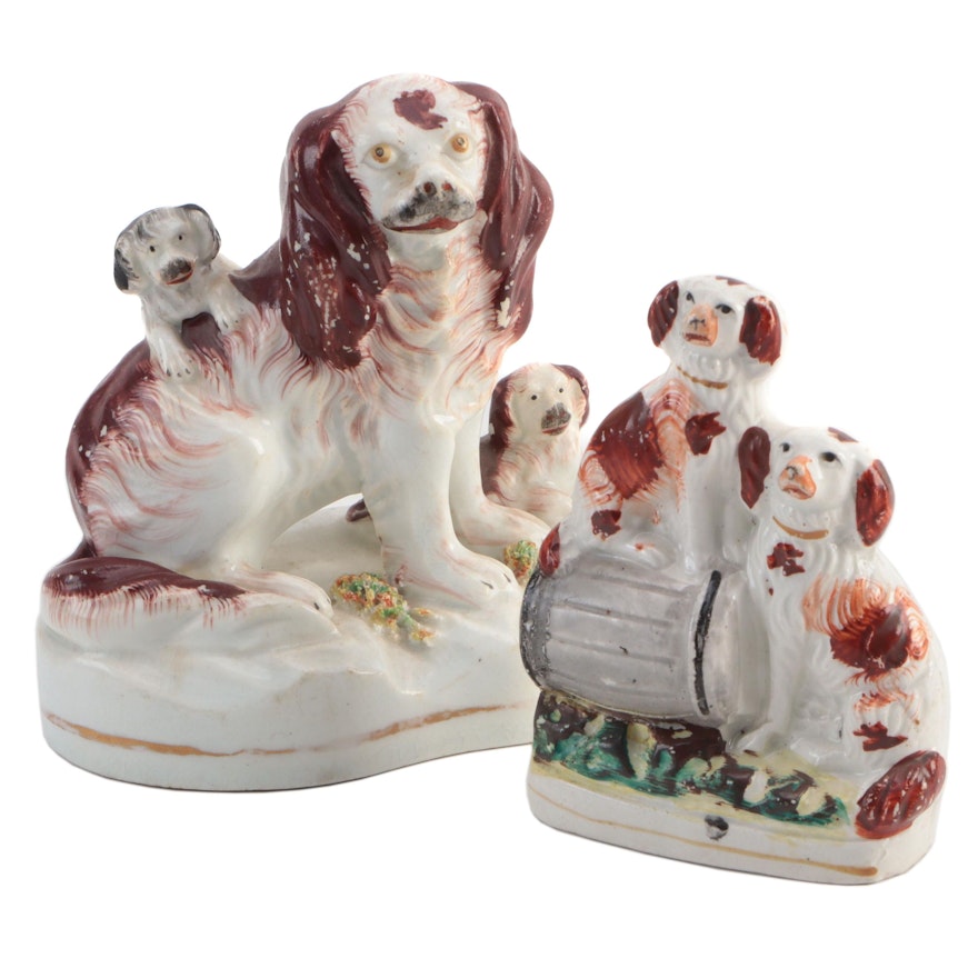 Staffordshire Two Spaniels on a Barrel and Rust Spaniel and Pups Figurines