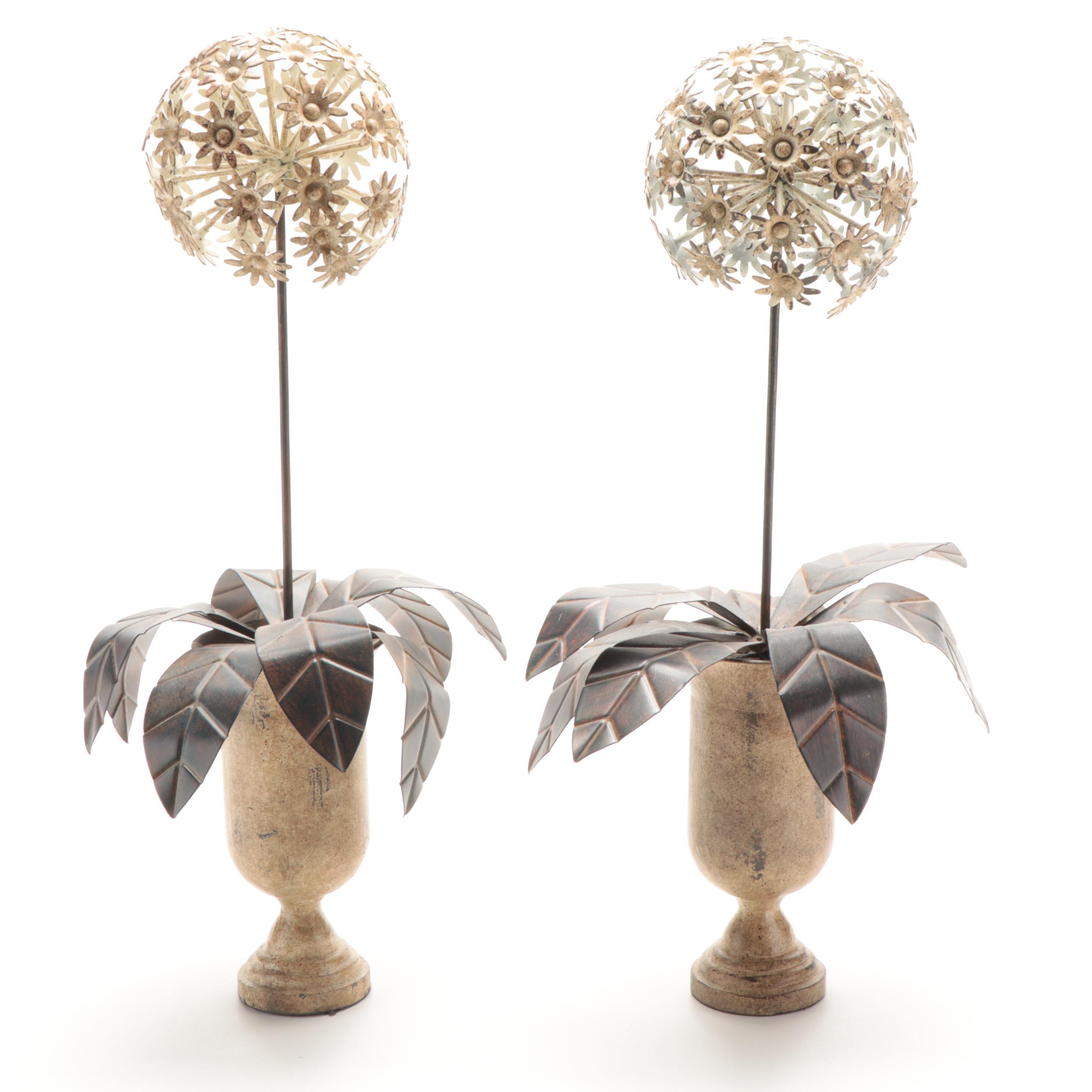 Metal Topiaries with Seeded Glass Hurricane Candle Holders and Metal
