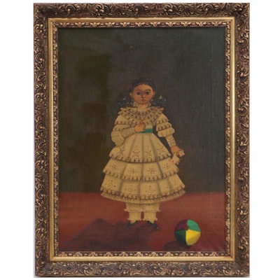 Agapito Labios Folk Art Oil Painting of Little Girl and Ball