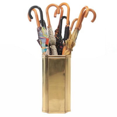 Lacquered Brass Umbrella Stand with Cane Handled Umbrellas