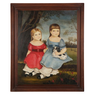Jane Eckelberry Folk Art Oil Painting of Young Girls and Puppy