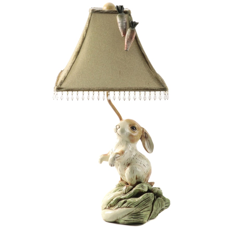 Bunny Rabbit on Bok Choy Hand-Painted Composite Table Lamp, Contemporary