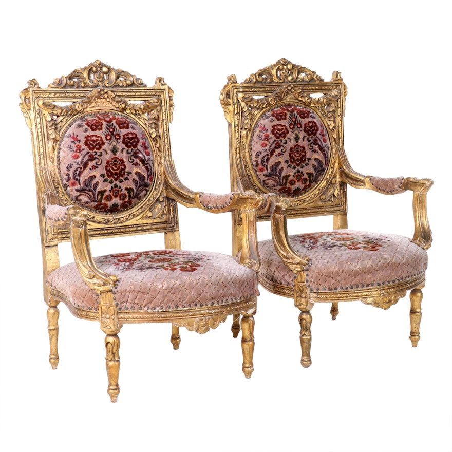 Pair of Louis XVI Style Giltwood Fauteuils, Late 19th Century