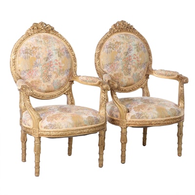 Pair of Louis XVI Style Giltwood Fauteuils, 20th Century