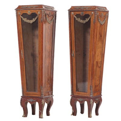 Pair of Louis XV Style Brass-Mounted Walnut and Inlaid Pedestal Vitrine Cabinets