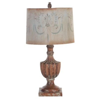 Old World Style Patinated and Distressed Urn Lamp with Printed Drum Shade