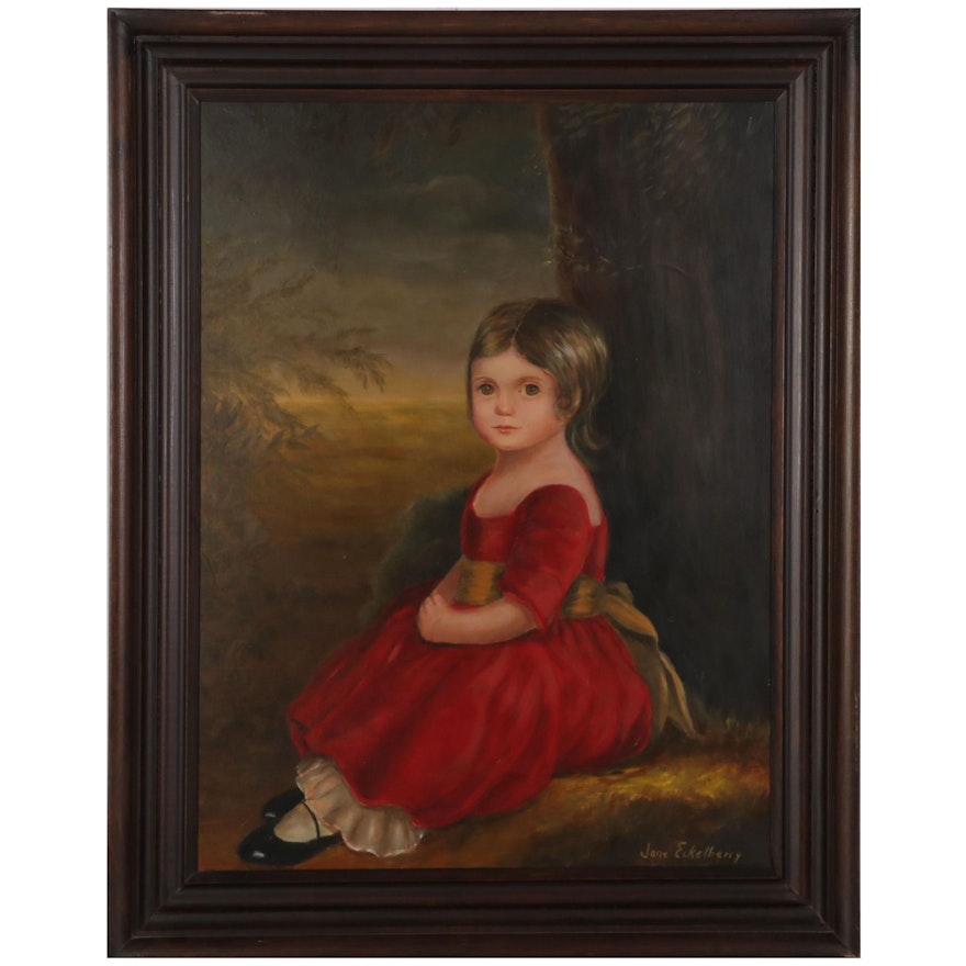 Jane Eckelberry Folk Art Portrait Oil Painting of Young Girl in Red Dress