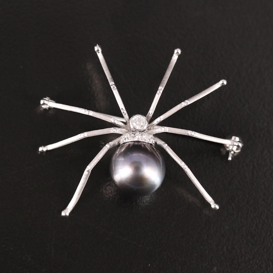 14K 10.75 MM Pearl and Diamond Spider Brooch