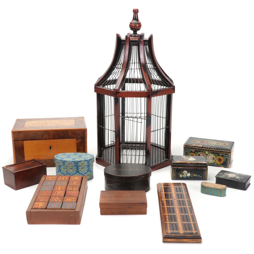 Painted Wood Bird Cage With Wooden and Decorative Jewelry, Game, Trinket Boxes