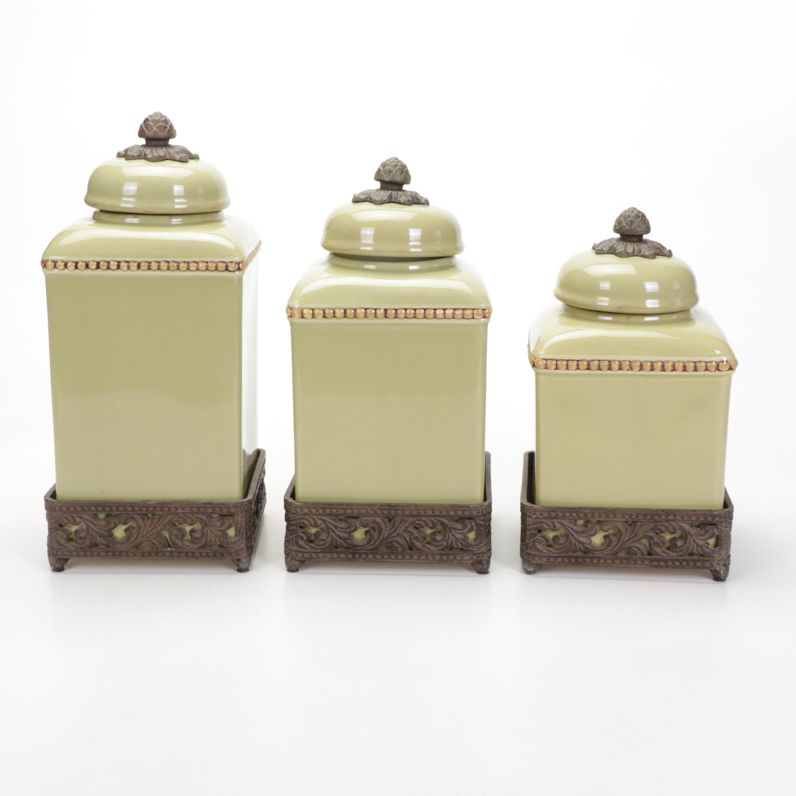Gracious Goods Green Ceramic Canister Set on Bases EBTH