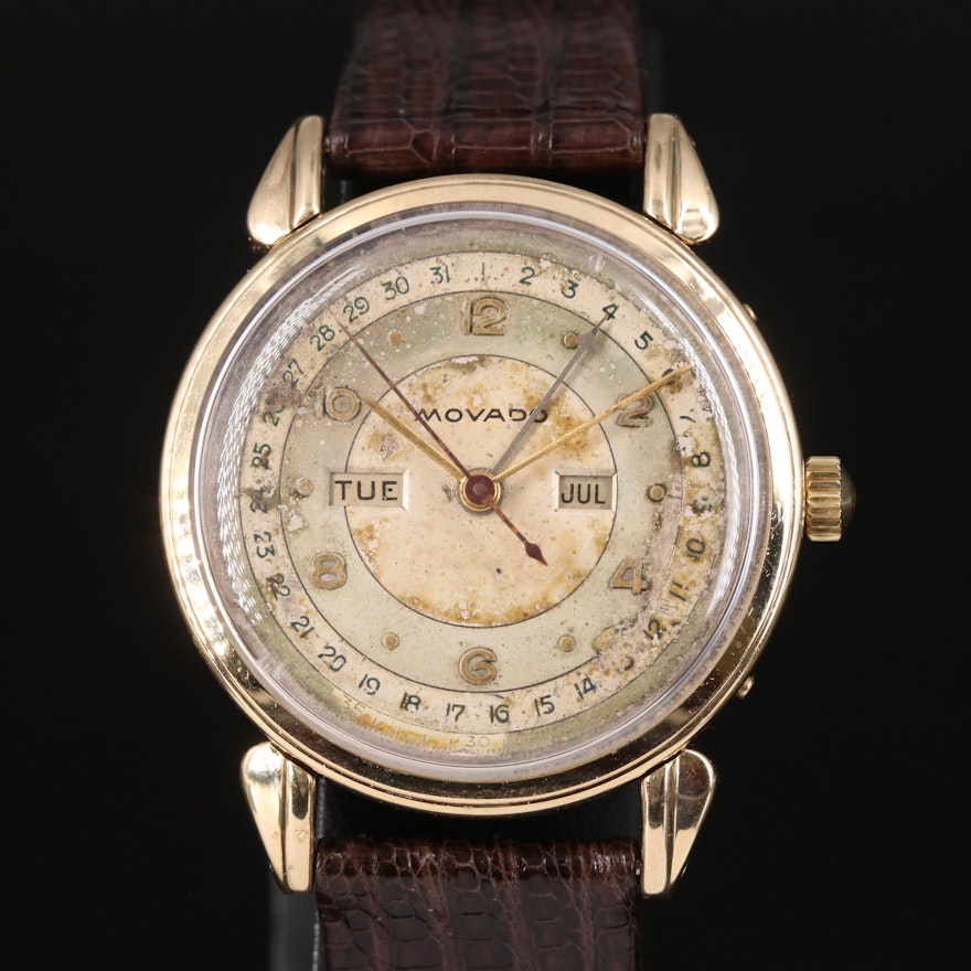 Vintage 14K Movado Triple Calendar Wristwatch