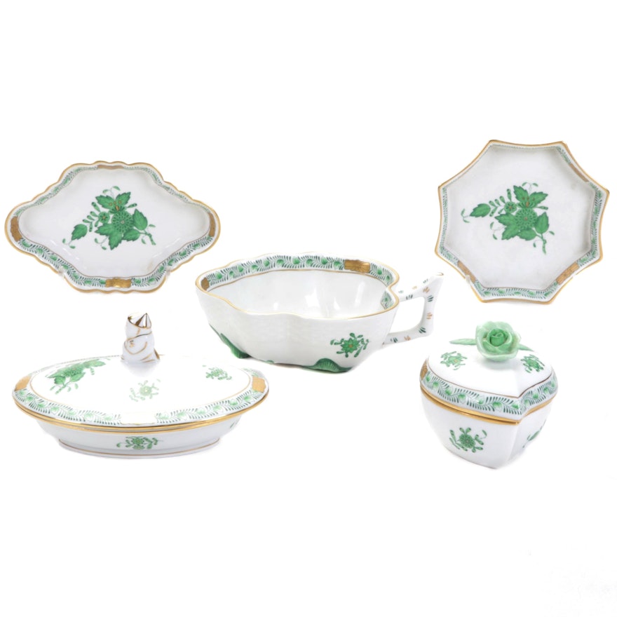 Herend Green "Chinese Bouquet" Porcelain Dish With Trinket and Ring Boxes