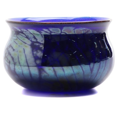 Bill McKinney Blown Iridescent Cobalt Blue with Orange Spatter Art Glass Vase