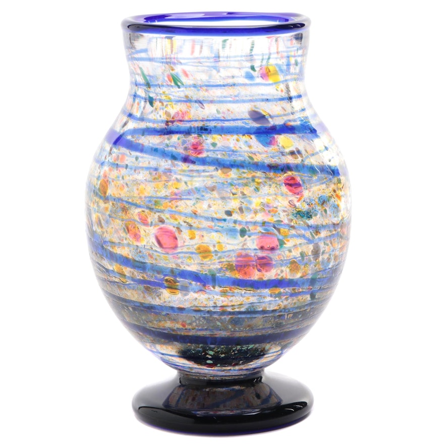 Bill McKinney Blown Multicolor Spatter with Blue Trailing Footed Art Glass Vase