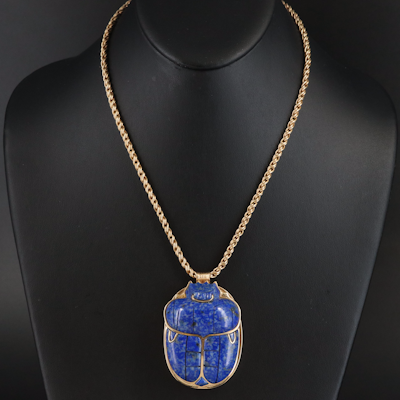 14K 1970s Franklin Mint King Tut Coronation Lapis Lazuli Scarab Replica Necklace