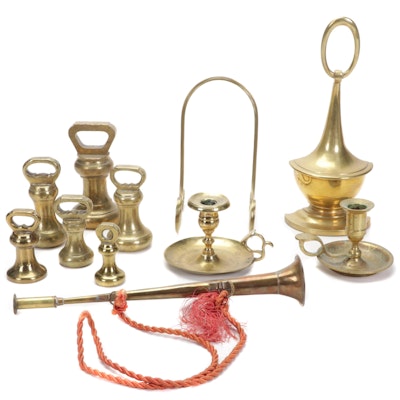 Rostand Brass Candle Chambersticks, Door Stop, Trumpet and W & T Avery Weights