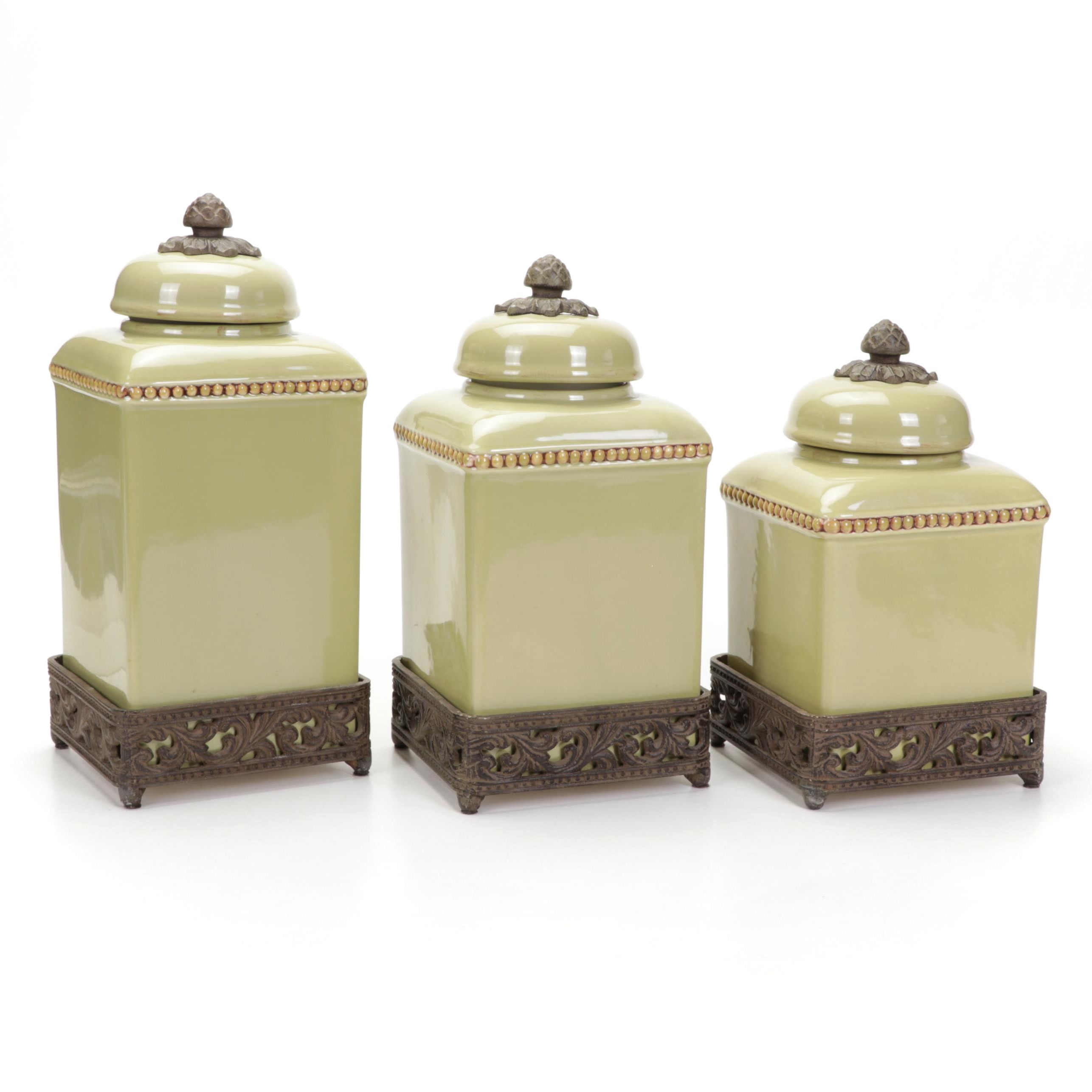 Gracious Goods Green Ceramic Canister Set on Bases EBTH
