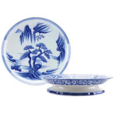 Japanese Blue and White Imari Plate with Other Chinese Porcelain Footed Dish