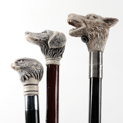 Resin Wolf Head, Falcon Head and Dog Head Handled Sword Cane with Other Canes
