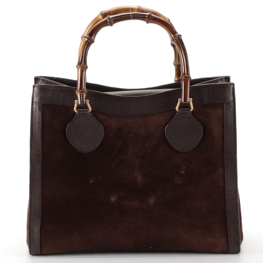 Gucci Diana Bamboo Handle Tote Bag in Brown Suede and Leather