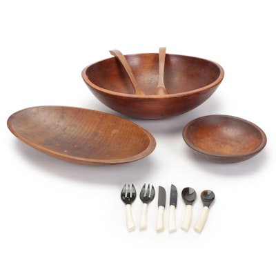 Primitive Style Turned Wood Bowls with Horn Bone Flatware, 20th Century