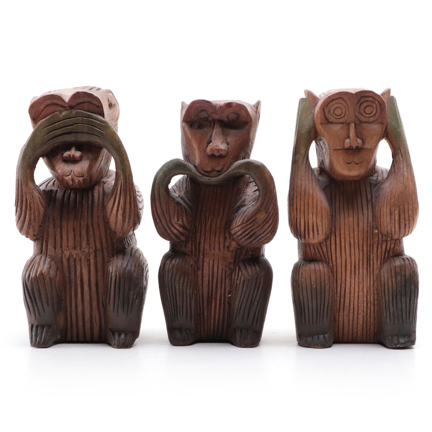Japanese Three Wise Monkeys Carved Wood Figurines