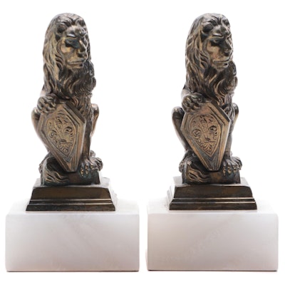 Italian  Brass and Marble Marzocco Bookends after Donatello, Mid to Late 20th C.
