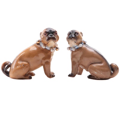 Dresden Style Hand-Painted Porcelain Pug Figurines, 19th Century