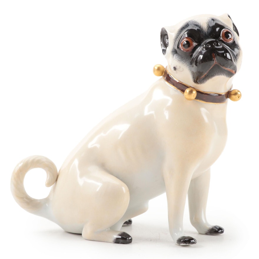 Meissen Hand-Painted Porcelain Pug Figurine, Early 20th Century