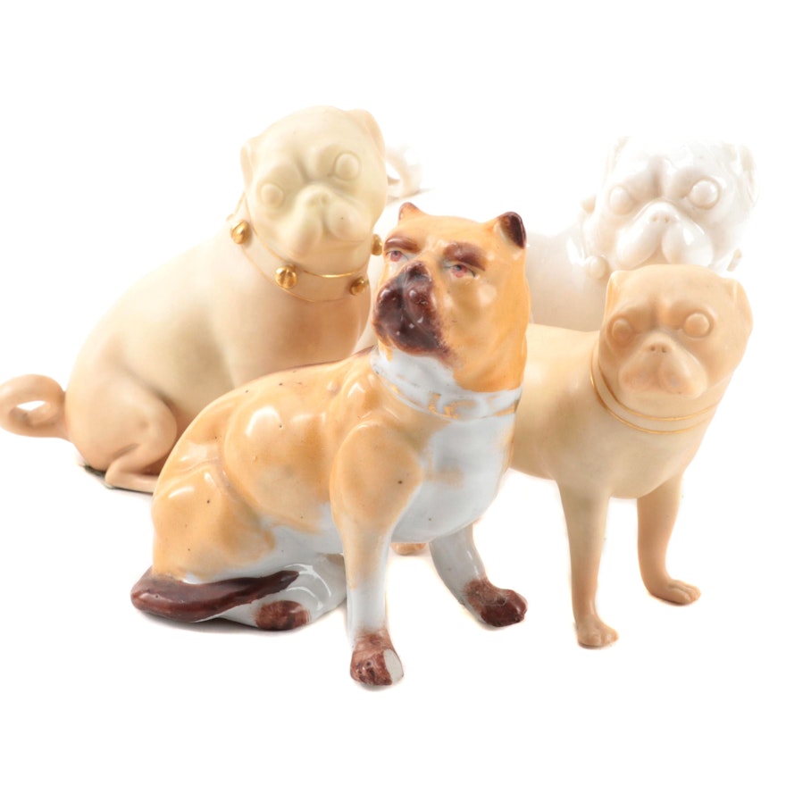 Royal Doulton with Other Ceramic Pug Figurines, Early to Mid-20th Century