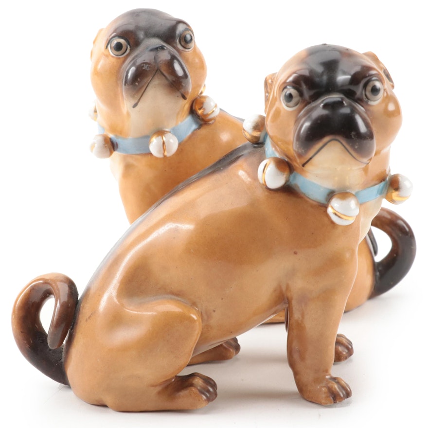 Conta and Boehme Porcelain Pug Figures, Mid to Late 19th Century