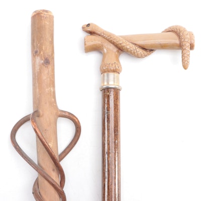 Resin Snake Wrapped Opera Handled Wooden Cane with Bentwood Walking Stick