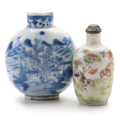 Chinese Porcelain Blue on White and Dog Motif Snuff Bottles