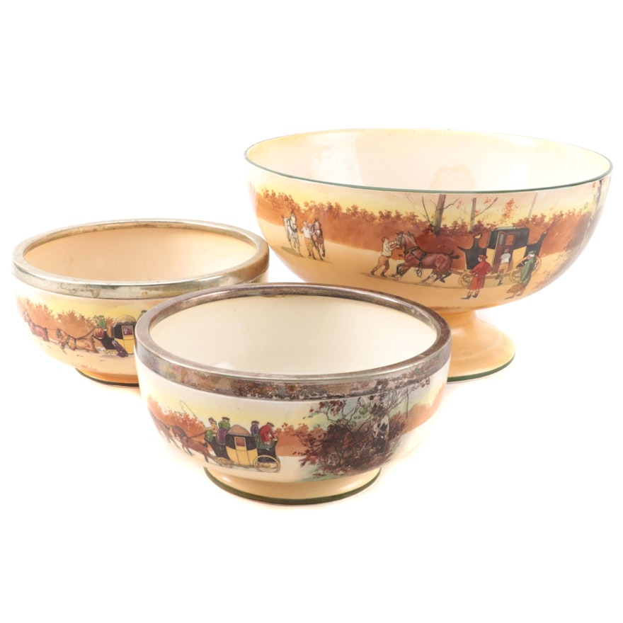 Royal Doulton Series Ware "Coaching Days" Punch and Other Silver Rimmed Bowls,