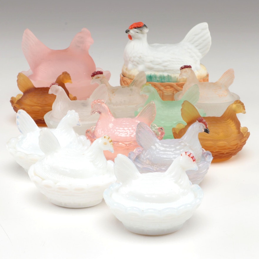 Staffordshire Style and Other Pressed Glass Hen on Nests Dishes