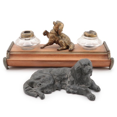 Wood, Glass and Metal Irish Setter Themed Ink Well and Figure