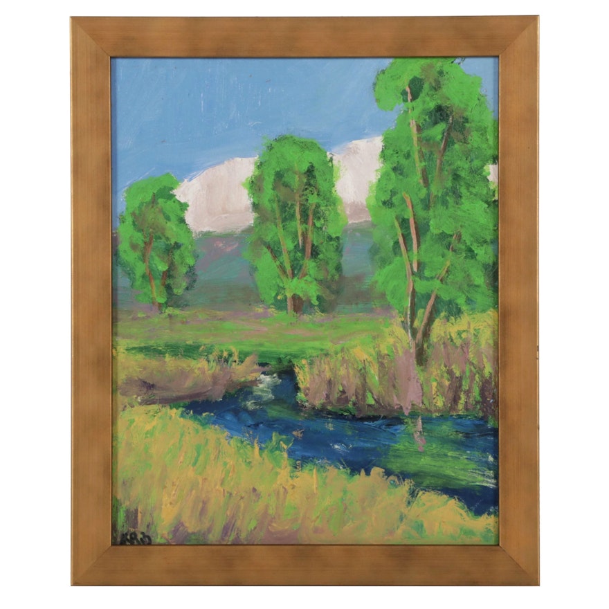Kenneth R. Burnside Countryside Creek Landscape Oil Painting, 21st Century