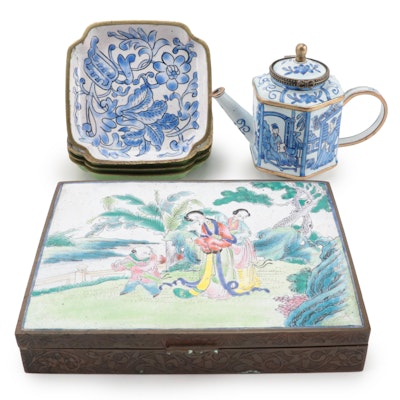 Kelvin Chen Enamel Miniature Teapot with Chinese Enameled Box and Dishes